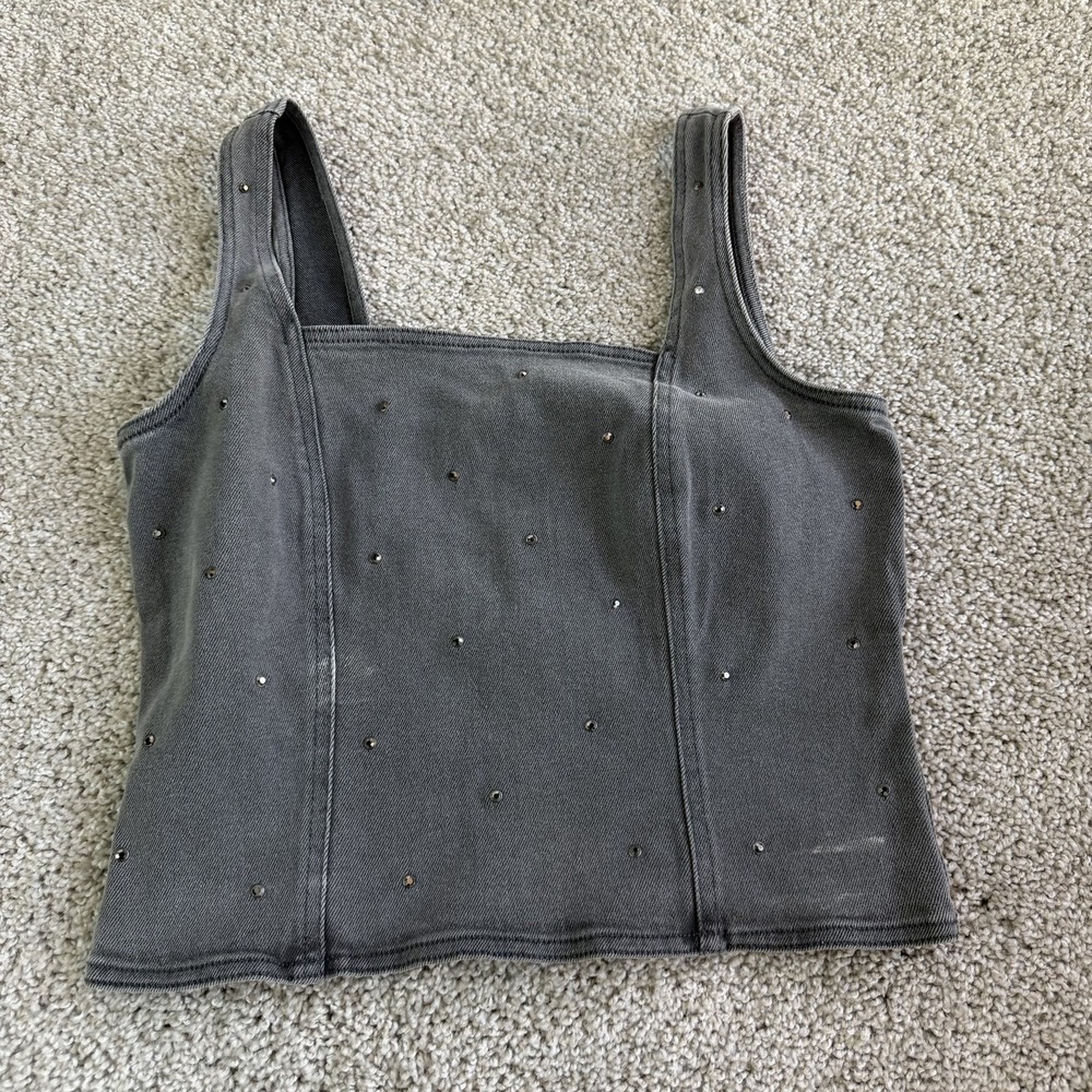 Bar III Tank Top Womens XS Gray Denim Studded Square Neck Cropped Zip Back